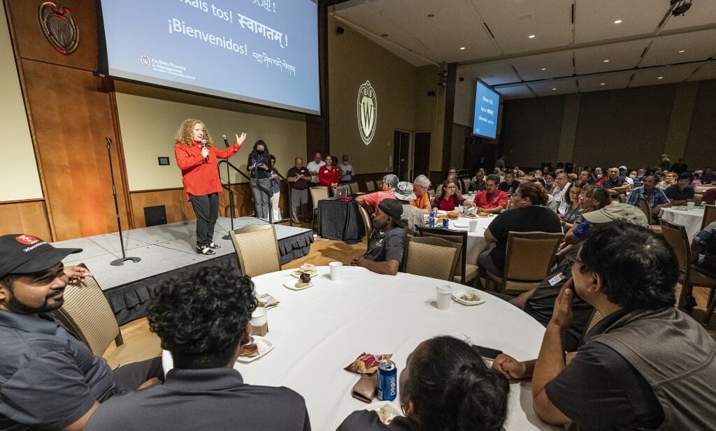 Chancellor Mnookin speaks to the employees about her appreciation for their work