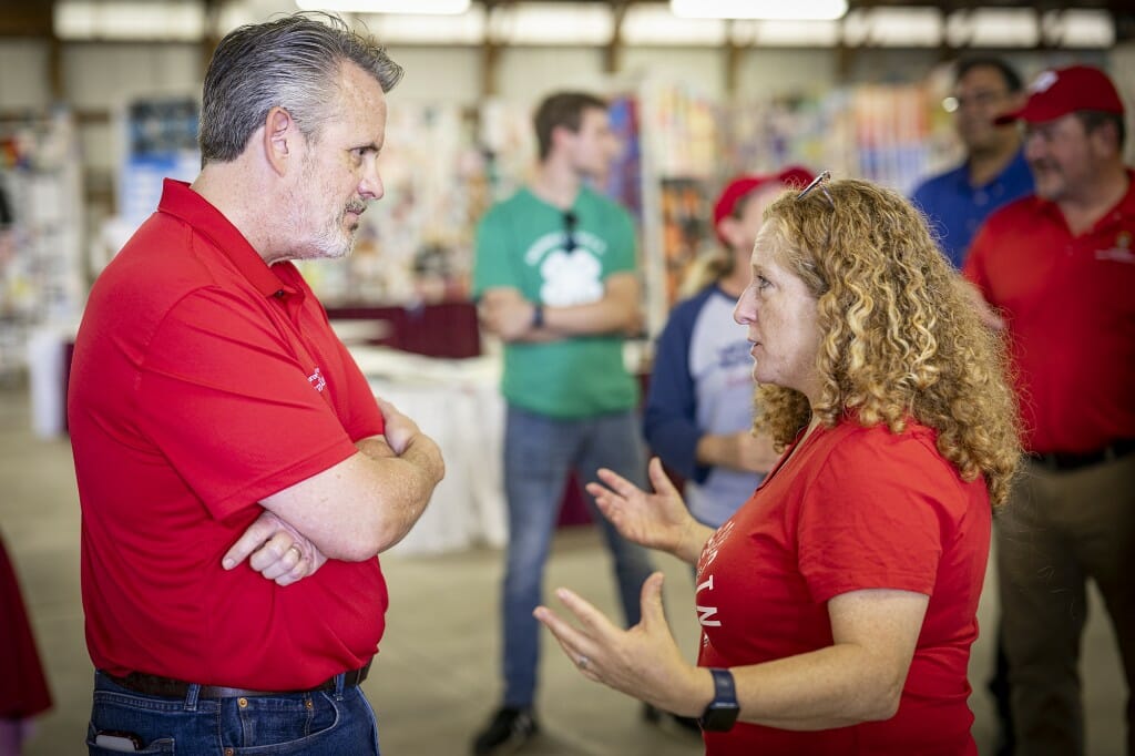 Chancellor Mnookin talks with state Rep. David Steffen.