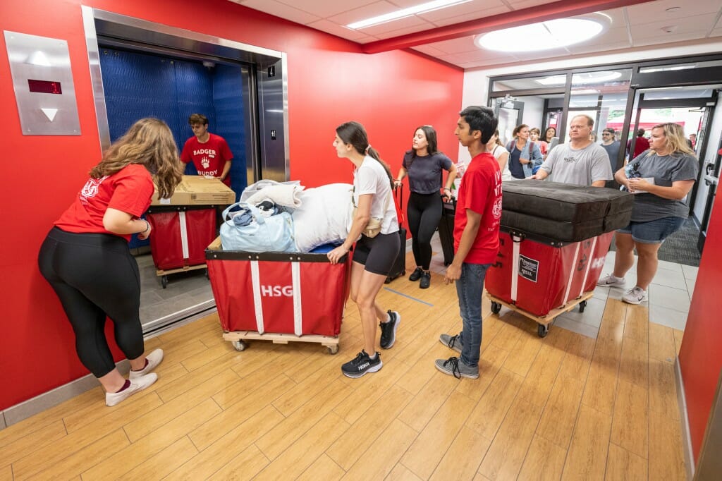 Elevators are key. There's going to be a lot of traffic going up and down, so be sure you time the elevators properly, like these students in Witte Hall. But be courteous. 