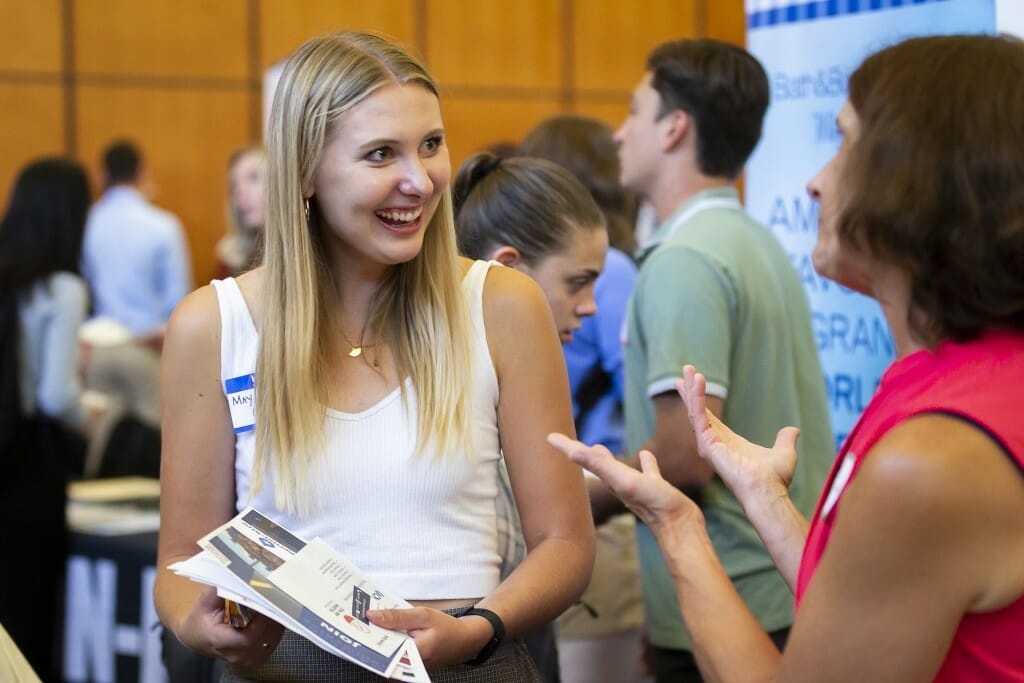 Senior May Jagodzinski talks to a recruiter.