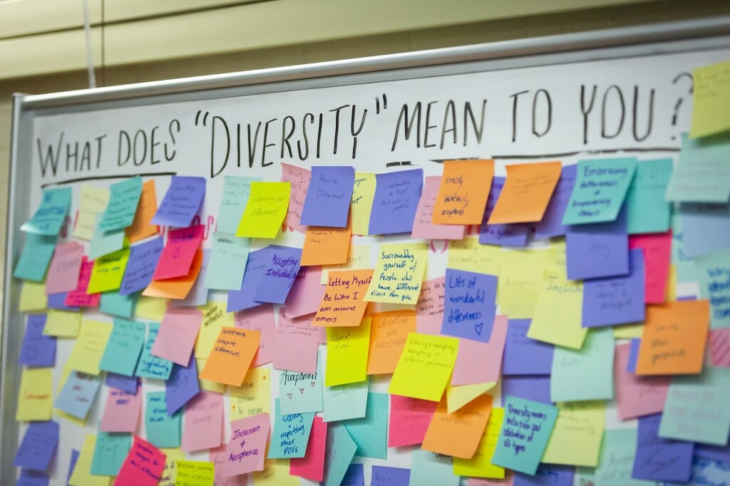 A board displays Post-it Notes with answers from campus community members on what diversity means to them. This year's Latinx Heritage Month explores the theme Expression beyond Borders.