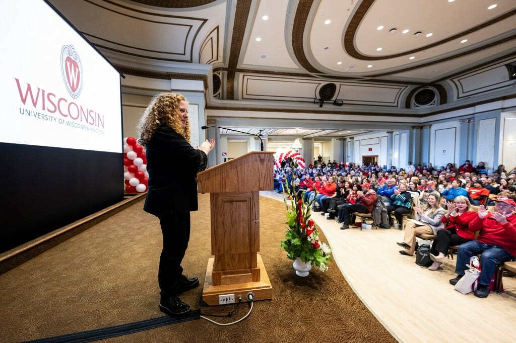 Chancellor Mnookin welcomed students and their families to campus during a reception in Great Hall at the Memorial Union.