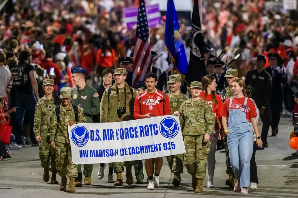 Members of the  U.S. Air Force ROTC UW–Madison Detachment 925 march down State Street.