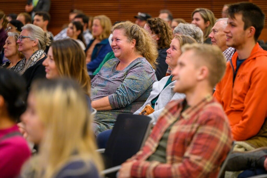 Audience members laugh during a Wisconsin Science Festival and Crossroads of Ideas talk by Nasser. Nasser suggested using Wikipedia’s “random article” button and then to keep clicking on interesting links until you get to something you never knew.