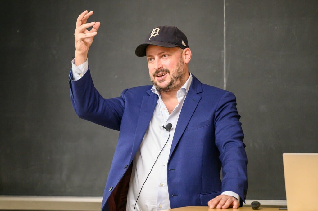 Nate Silver, Public Affairs Journalist in Residence, speaks to students during a visit to a Contemporary Public Policy Issues class taught by Timothy Smeeding on Oct. 26.