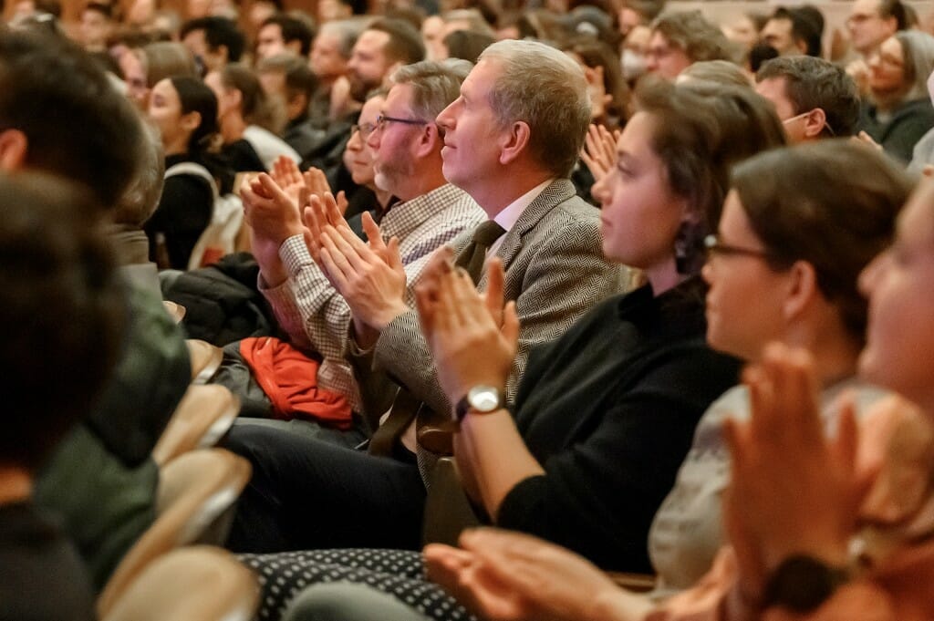 Audience members applaud Nate Silver at the end of an event in Shannon Hall.