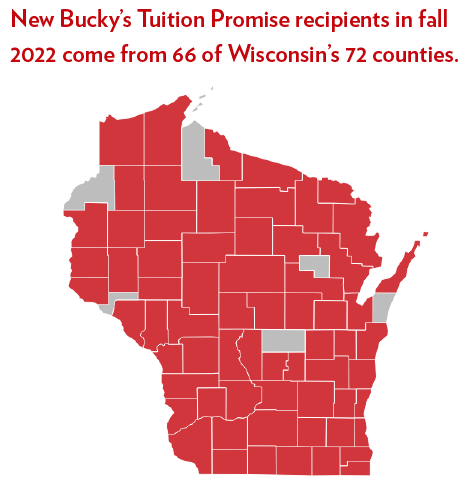 A county map of Wisconsin with 66 counties shaded in red to show where new students receiving Bucky's Tuition Promise are from in the state.