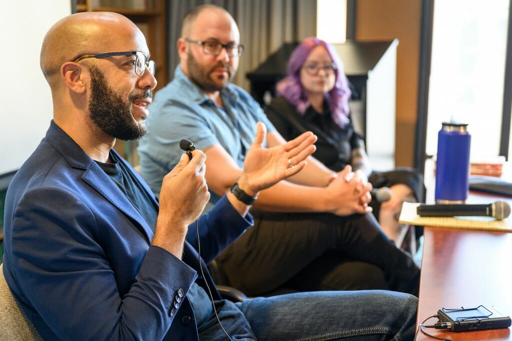 Smith chats with faculty and students of the history department in the Humanities Building on Nov. 2.