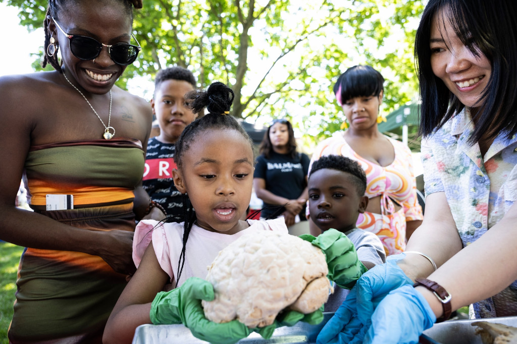 A young girl holds a preserved human brain in her gloved hands as a small crowd gathers to look.