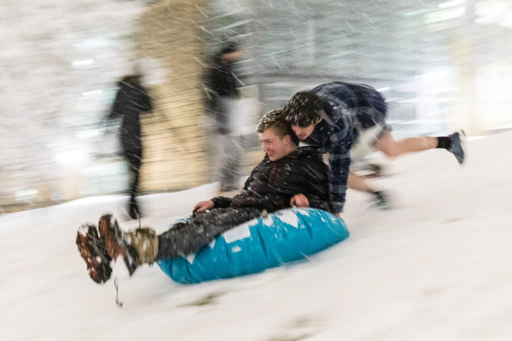 Bascom Hill makes a good sledding grounds, but watch out for that drop at the bottom.