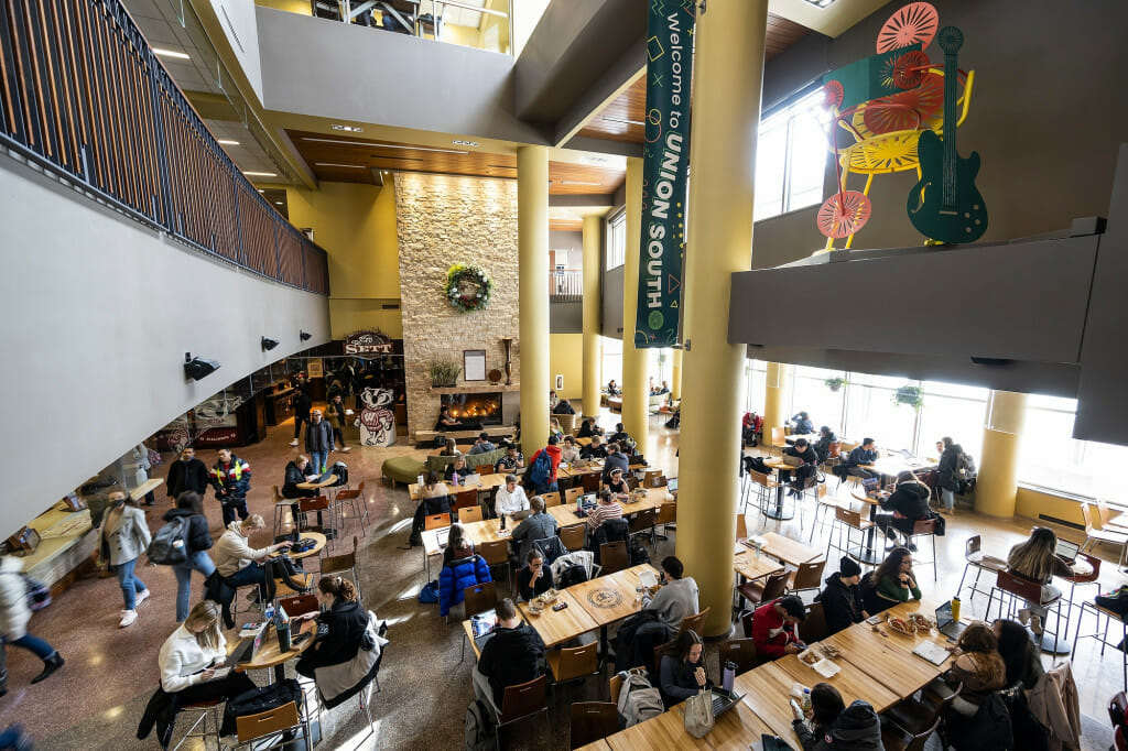 At lunchtime, the Sun Garden in Union South filled with students studying and eating.