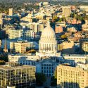 Aerial view of downtown Madison, including the Capitol Building.