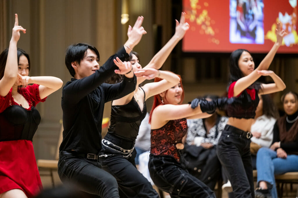 Members of the UW–Madison Vietnamese Student Association Dance Team dance at the Memorial Union Great Hall.