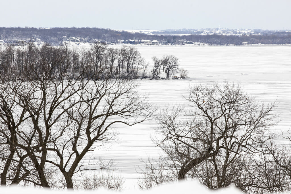 Snow covers Lake Mendota and Picnic Point.