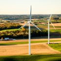 Windmill turbines in rural Wisconsin farm land northeast of Madison near Baraboo are pictured in an early morning aerial taken from a helicopter on Oct. 23, 2018. (Photo by Bryce Richter /UW-Madison)