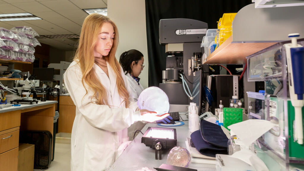 A woman in a white lab coat holds a white skull shaped thing.