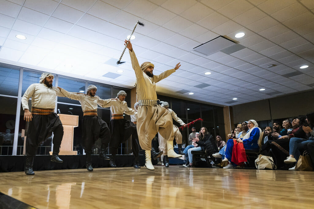 Dancers from Al Ghurba Dabke Group from Milwaukee perform a Arab/Palestinian Dabke dance.