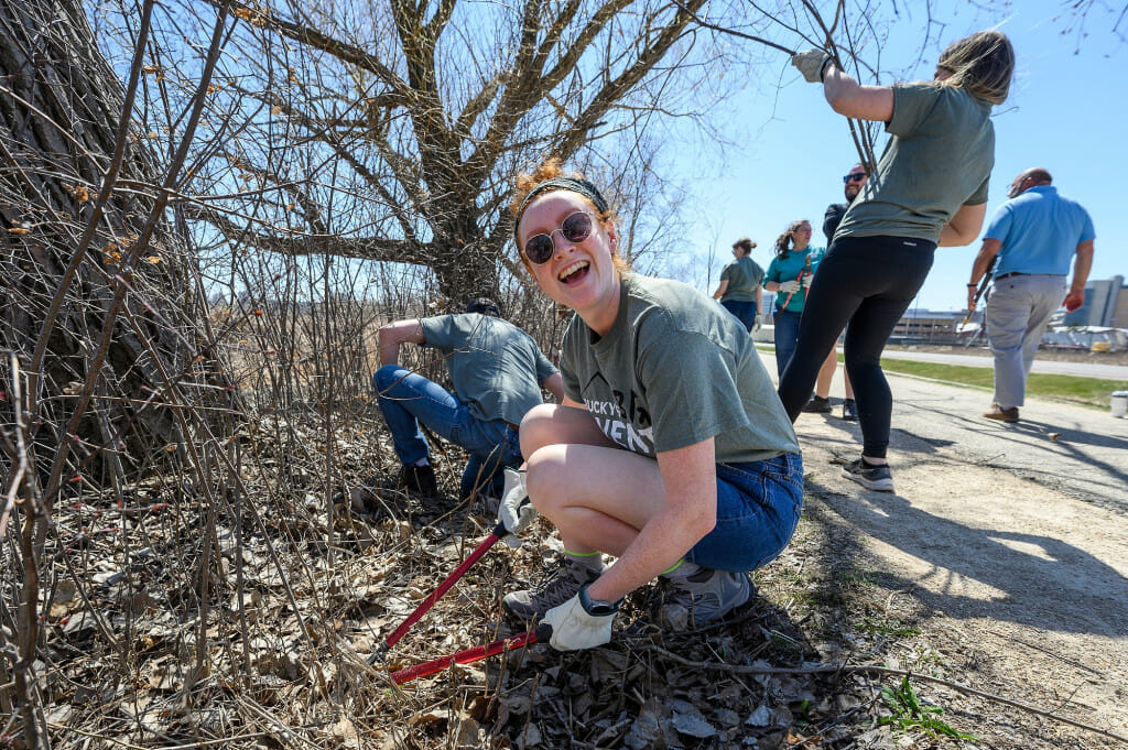 Maryellen Pawley, executive assistant for the chancellor, uses loppers to remove invasive buckthorn.