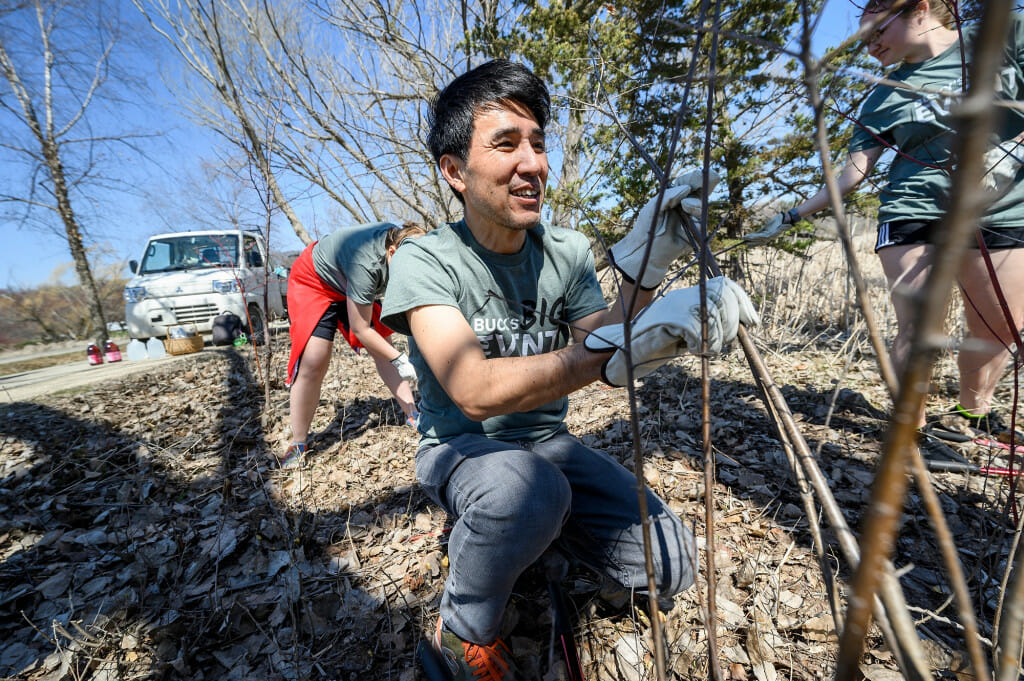 Sociology Professor Chaeyoon Lim removes invasive buckthorn during Bucky’s Big Event.