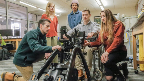 Biomedical engineering undergraduate students Josh Andreatta, Annabel Frake, Tim Tran, Samuel Skirpan and Roxi Reuter