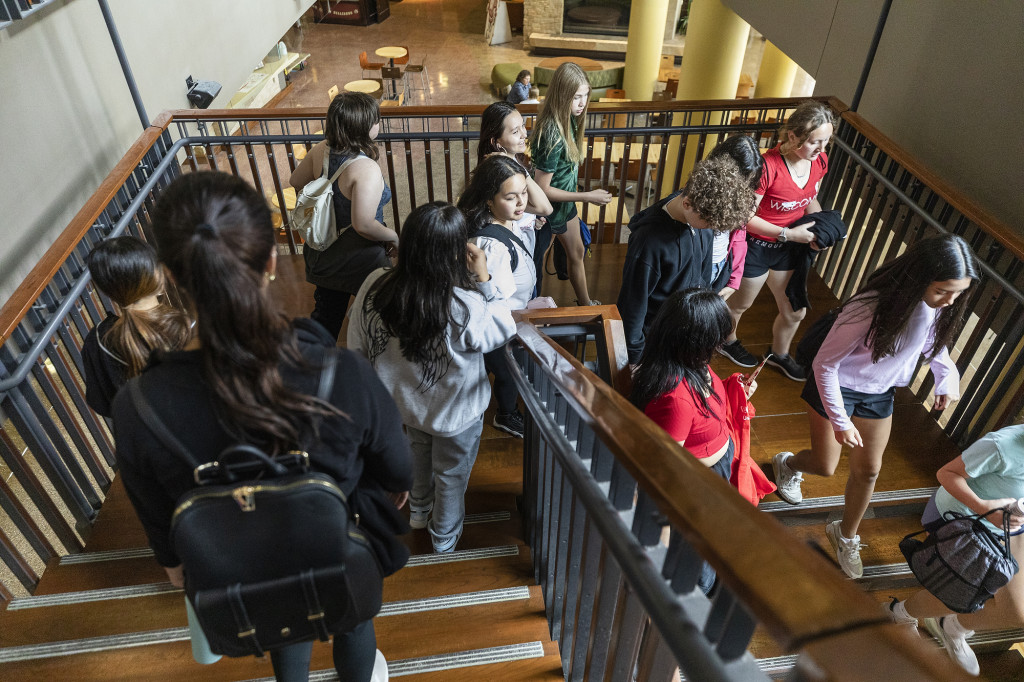 A group of people walk down some stairs.