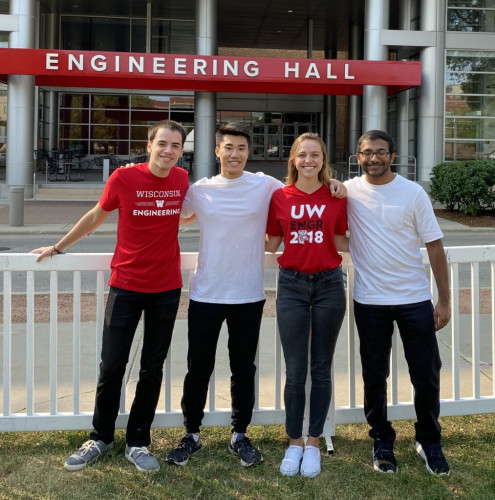 Students Armando Miracola, Kevin Chang, Reagan Hubbard and Rushi Patel in front of Engineering Hall