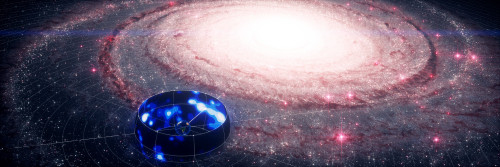 The Galaxy in Neutrinos (blue sky map) in front of an artist's impression of the Milky Way.