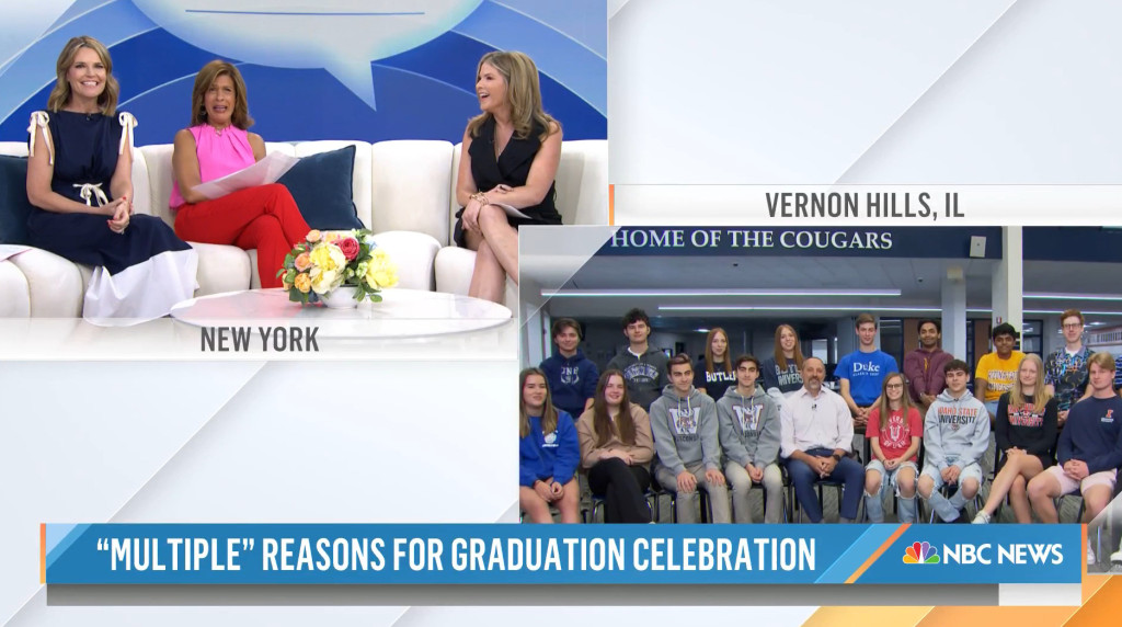 A screen shot from a TV show three women in one square, and a host of young adults in another square, talking.