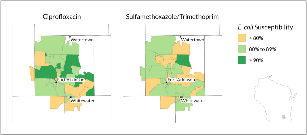 A map has dark green, light green and yellow areas to depict how well antibiotics work in those areas.