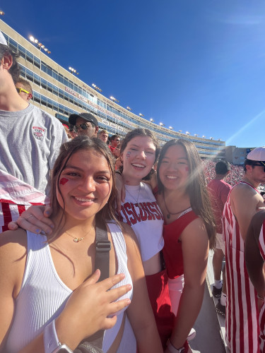 Photo of several people in the stands at a football stadium, on a sunny day.