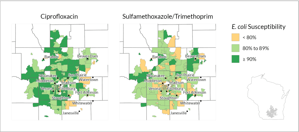 A map has dark green, light green and yellow areas to depict how well antibiotics work in those areas.