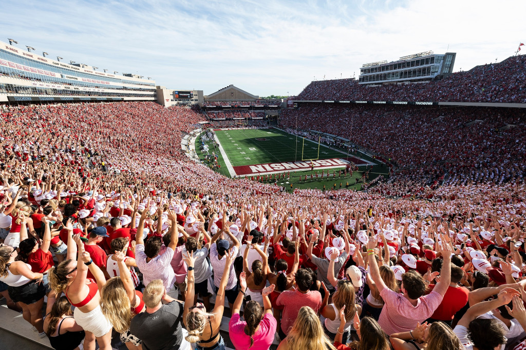 Fans in the stands cheer.