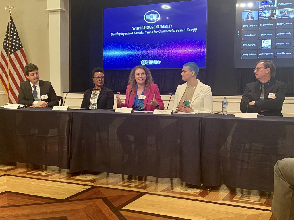 A panel of five people sit at a table facing an unseen audience. A woman in the center gestures with both hands as she speaks. Behind the panelists, a screen on the wall shows the White House logo and reads White House Summit: Developing a Bold Decadal Vision for Commercial Fusion Energy.