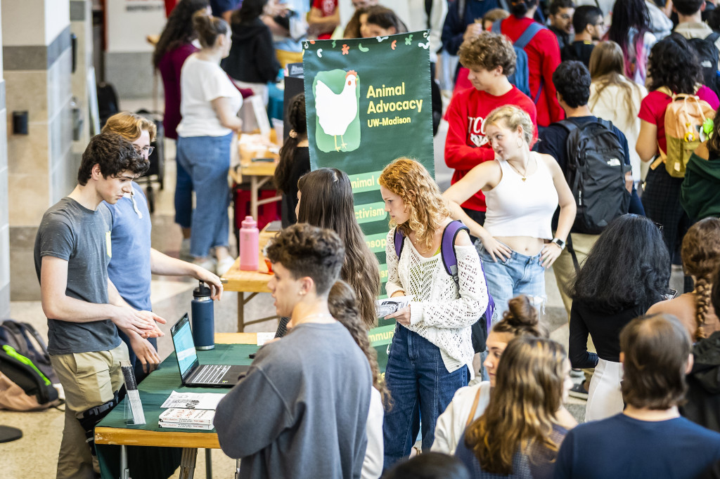 Students line up at a table.