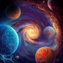 In an artist's rendering, a swirl of planets in blue and orange hues spiral toward a bright orange vortex in the center of the image. Chemical formulas appear written on the planets.