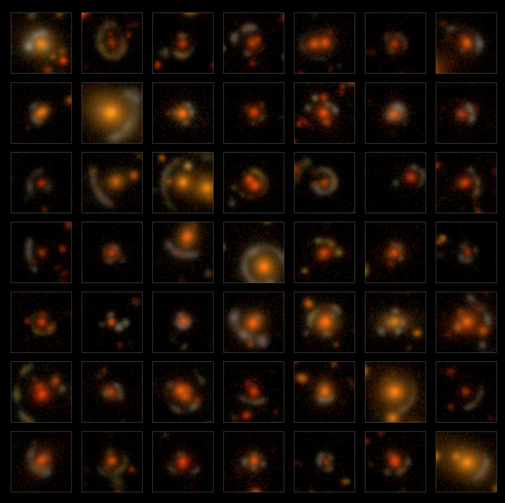 A square grid of 49 images shows blurry renderings of telescope images of galaxies in colors of red, orange and yellow.