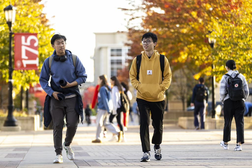 Two people in a crowd walk down a broad pedestrian boulevard. In the background, a streetlight banner reads 175 and the tree leaves are changing color to yellow and orange.