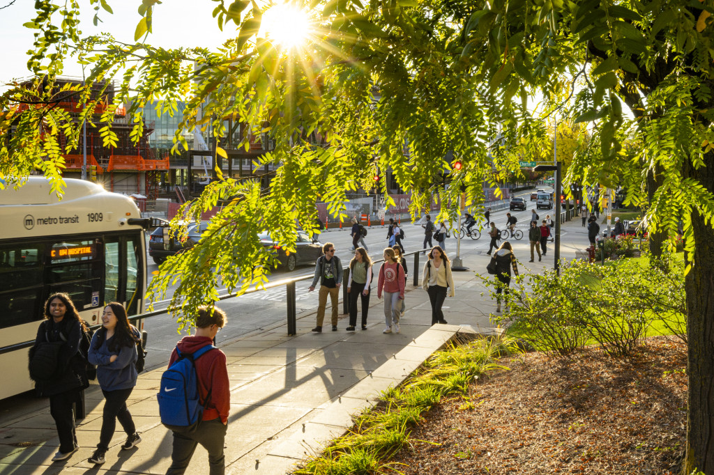 People walk along the sidewalk on University Avenue as a bus and cars drive down the street. Tree branches filter the late afternoon sun.