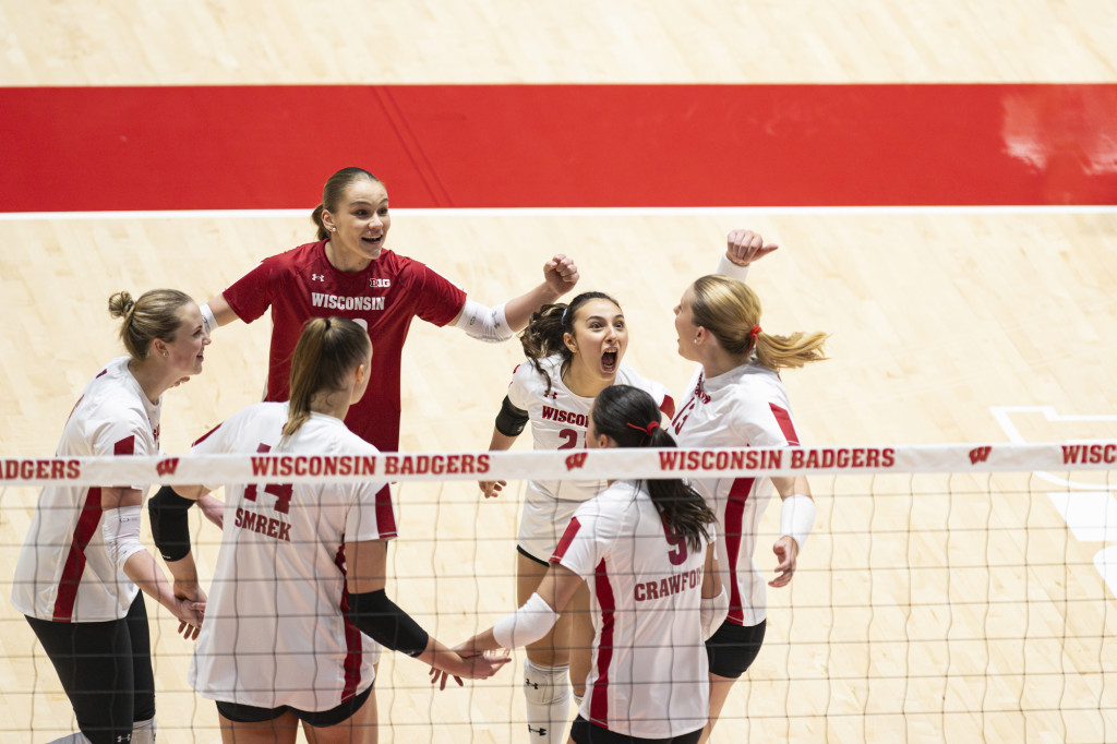 The team celebrates a point.