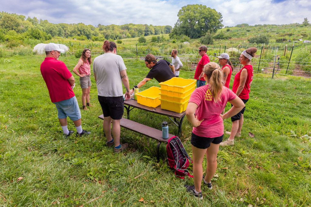 A group of people dressed in T-shirts and shorts stand together at a picnic table covered with yellow plastic bins.