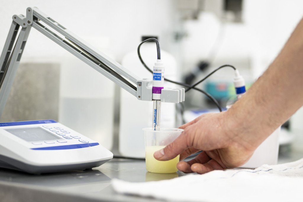 Niemiec (right) checks the pH level of the cheese sample. When the pH has fallen to the targeted level, salt is added, followed by the cherries and cranberries.