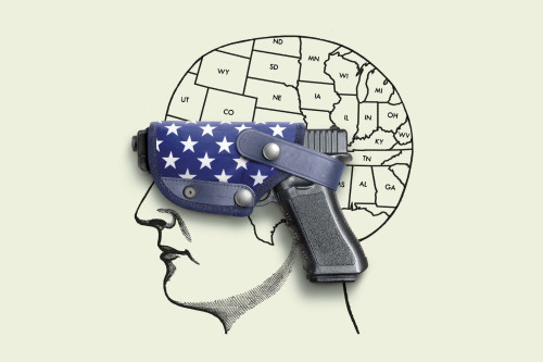 Illustration of a human face profile where the brain is replaced with Midwest United states and placed over the eyes is a handgun in a USA flag styled gun holster.