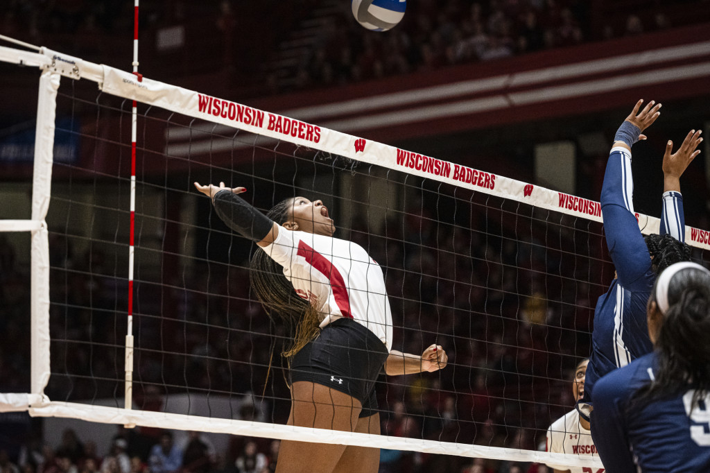 Devyn Robinson (10) goes up to spike the ball against Jackson State.