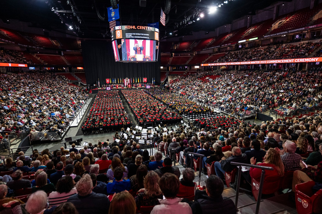 An arena filled with people is pictured.