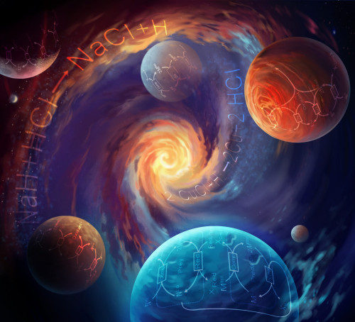 In an artist's rendering, a swirl of planets in blue and orange hues spiral toward a bright orange vortex in the center of the image. Chemical formulas appear written on the planets.