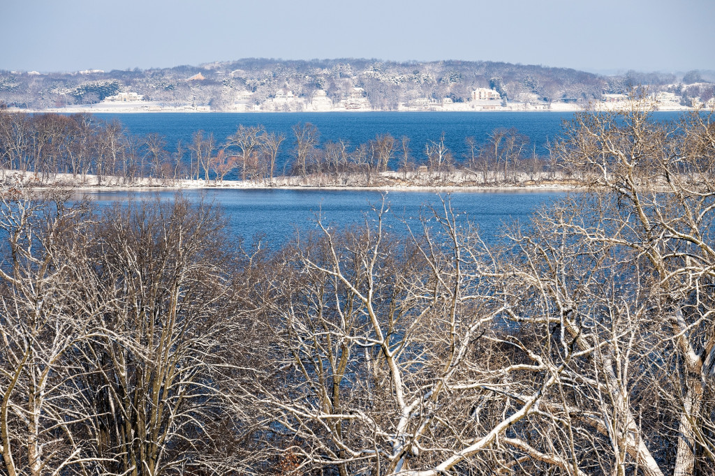 A wintry view of a lake.