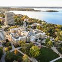 An aerial photo of campus showing Bascom Hall, Observatory Drive, Lake Mendota and more.