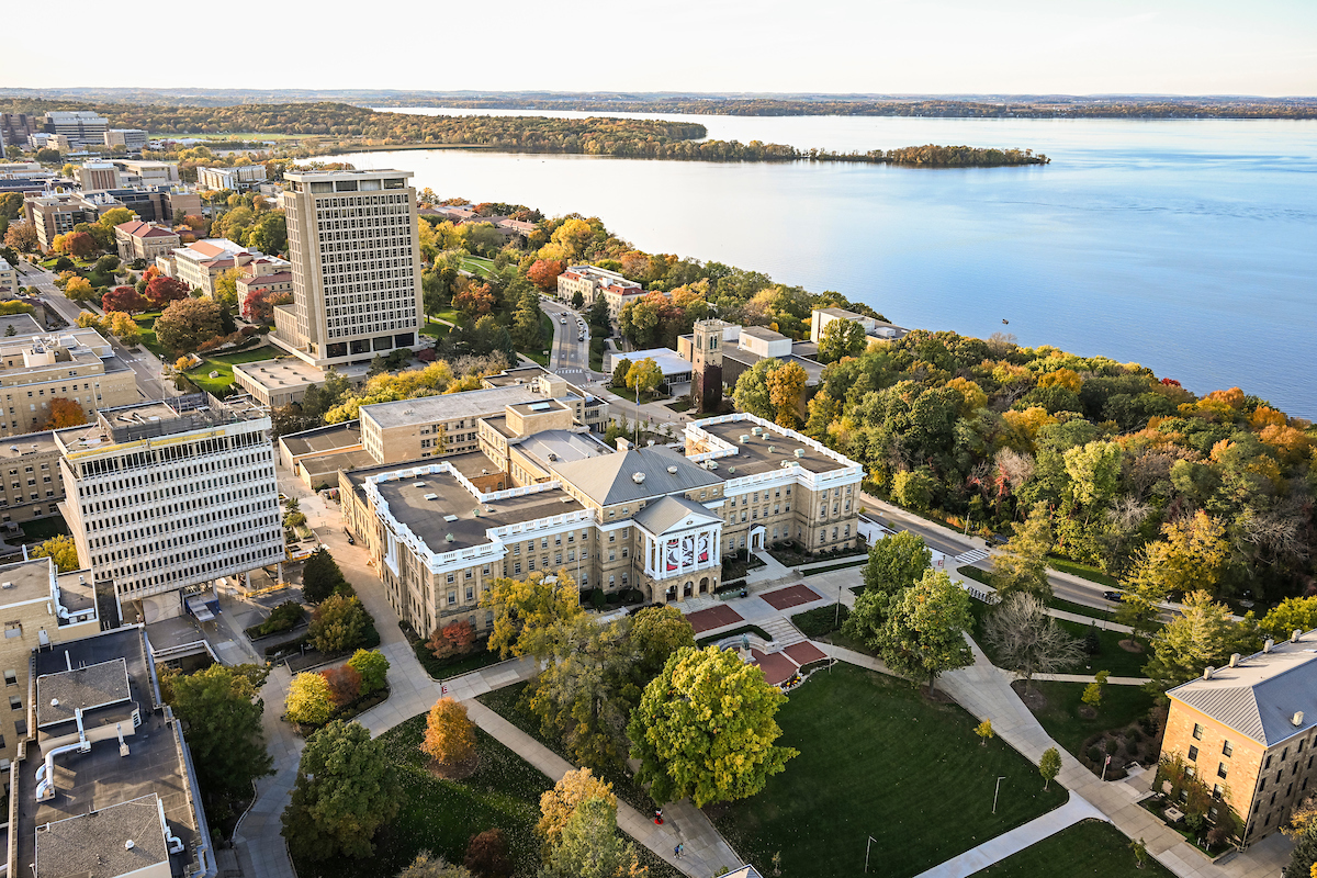 An aerial photo of campus showing Bascom Hall, Observatory Drive, Lake Mendota and more.