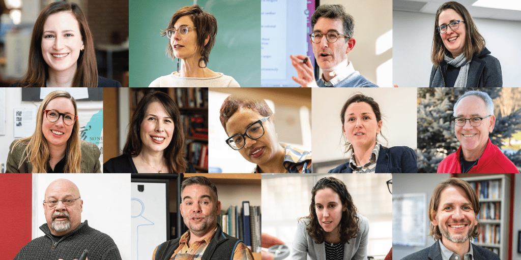 A collage of 13 photos shows the faces of this year's 13 Distinguished Teaching Award winners.