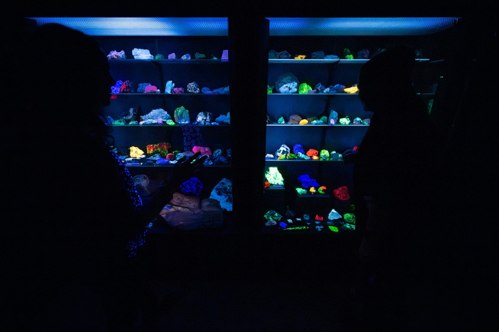 Dark silhouettes of two people are shown in front of flourescent rocks that glow.